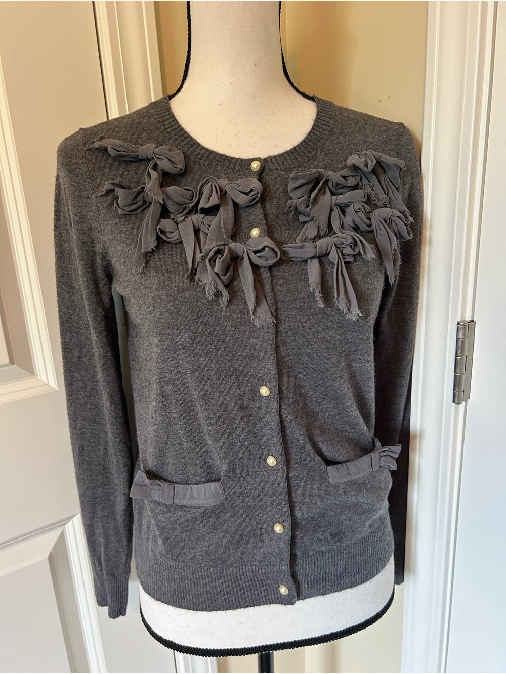 Ann Taylor Gray wool Bow Detail Pearl Button Cardigan